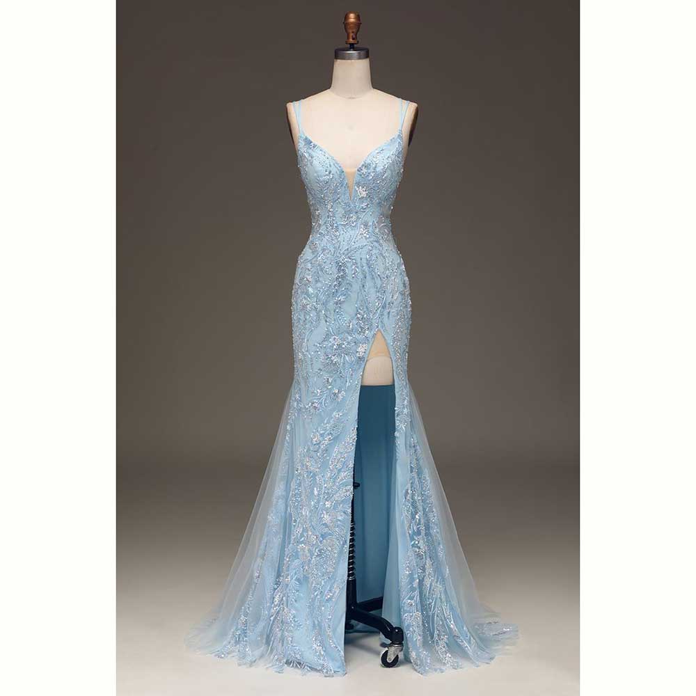 Elegant Satin Evening Gown Split - Elegante lichtblauwe satijnen dames avondjurken sexy