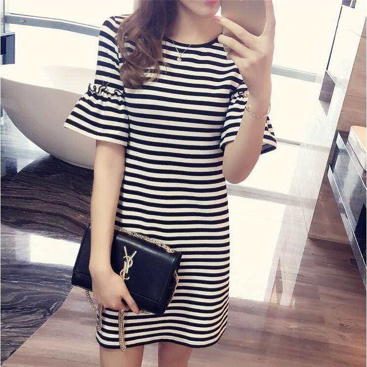 Korean Style A Line Shirt Dress - Zomerjurk met strepen, midi-lengte, korte mouwen,