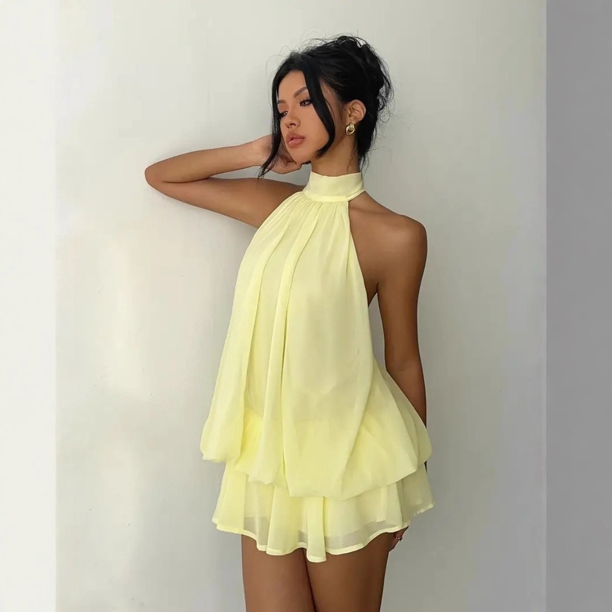 Y2K Backless Halter Mini Dress - Damesjurk met halterhals, chiffon doorschijnende minirok