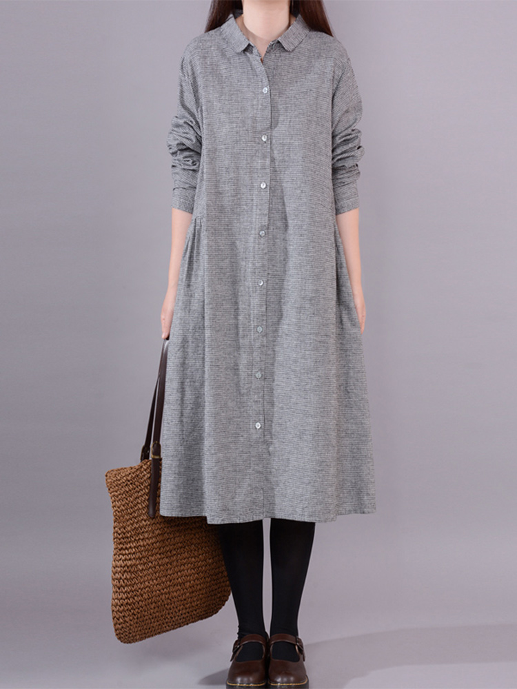 Korean Style A Line Shirt Dress - Damesjurk met lange mouwen, katoen, linnen,