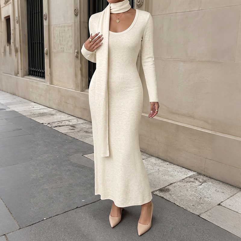 Bodycon Long Sleeve Ribbed Dress - Elegante geribbelde gebreide maxi jurk voor
