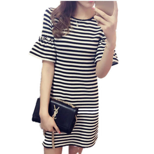 Zomerjurk met strepen, midi-le - Korean Style A Line Shirt Dress recensie en prijs