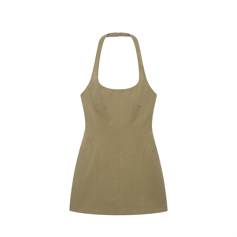 Dames Vintage Khaki Halter Min - Y2K Backless Halter Mini Dress recensie en prijs
